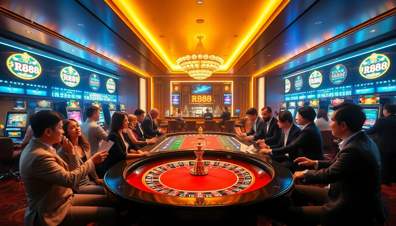 Experience the thrill of gambling at RR88's luxurious casino with vibrant roulette tables and eager players.