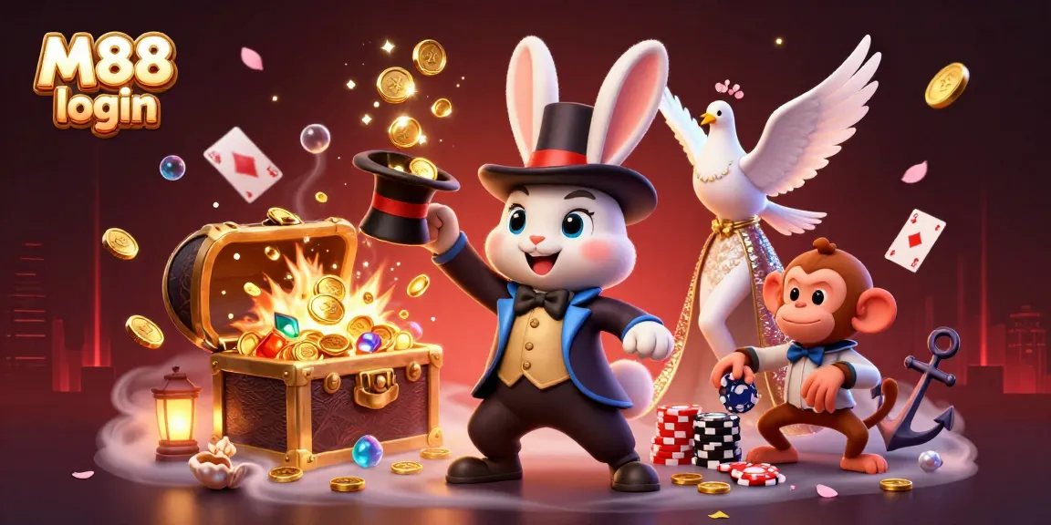 Experience M88 login magic as a magician rabbit conjures coins and a dove dazzles with charm.
