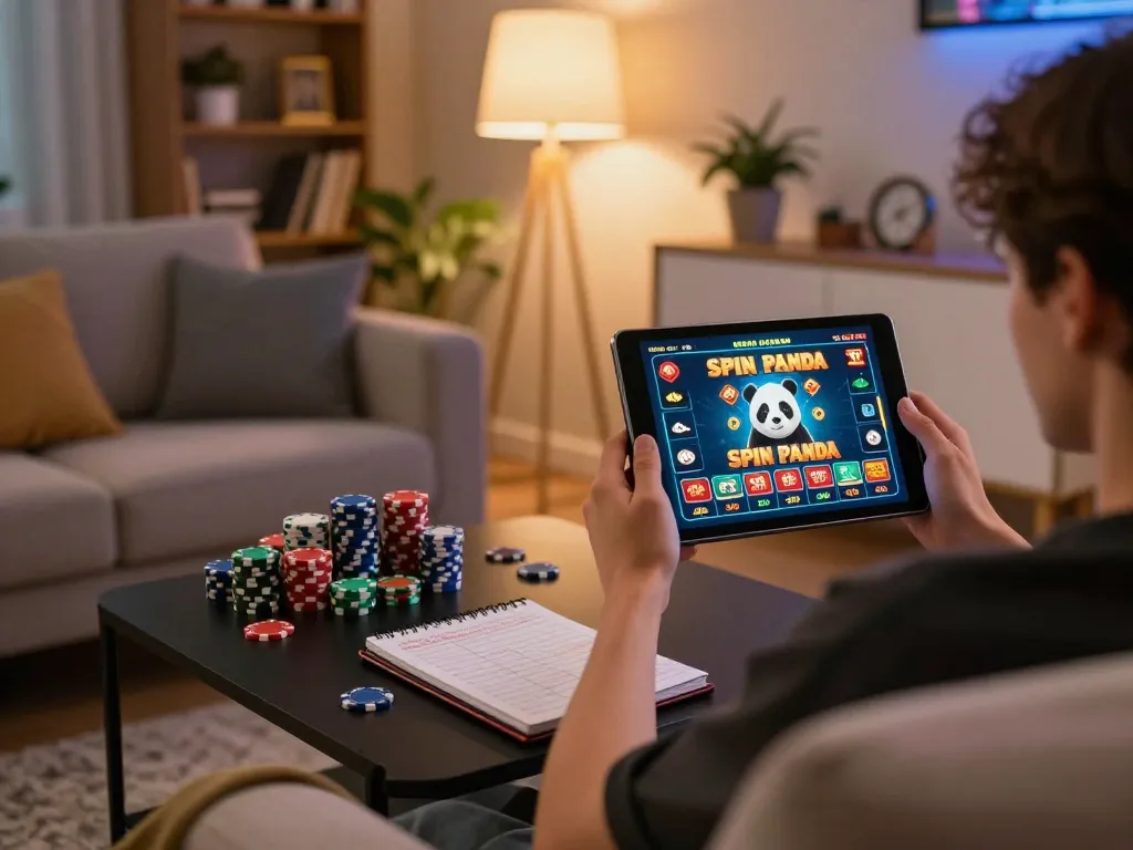 Engaging in strategic gameplay at casino spin panda on a tablet in a cozy home setting.