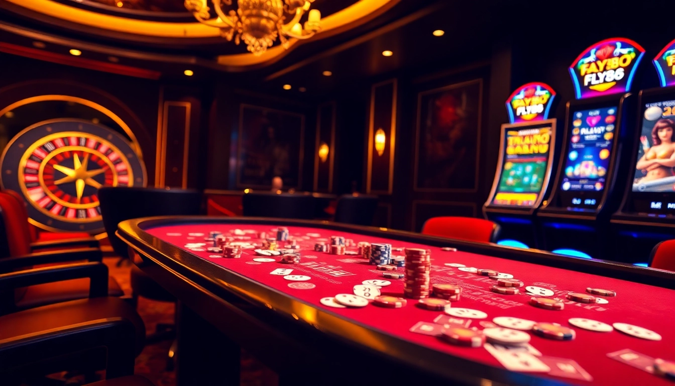 Players experiencing the excitement of gambling at FLY88 with poker chips and roulette wheel.