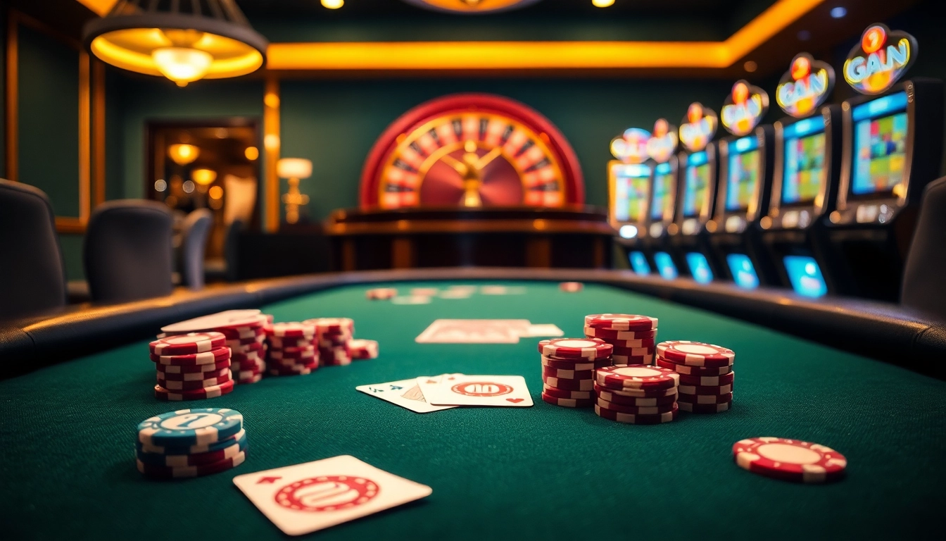 Tindakan poker online yang menarik di meja kasino mewah dengan chip dan kartu yang berwarna-warni.