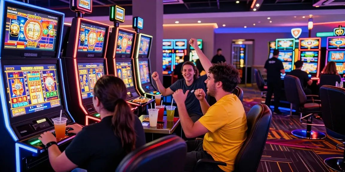 Koitoto gaming scene with excited players at vibrant slot machines and colorful screens at a modern casino.