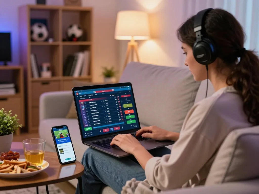 Engaged player at home using fb88 for online sports betting on laptop, showcasing a vibrant atmosphere.