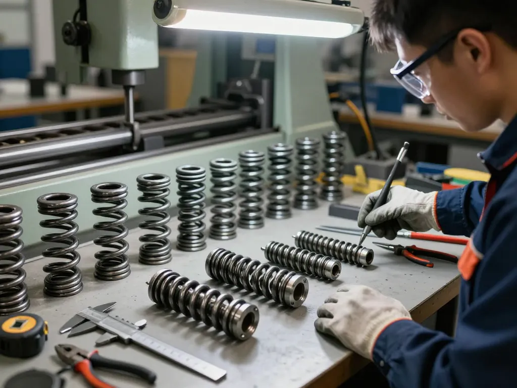 Tehnician inspectând diverse Arcuri tractiune într-un atelier industrial, evidențiind măiestria și precizia.