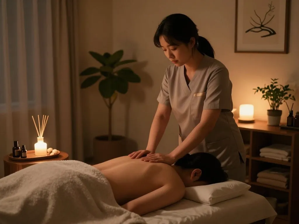편안한 분위기의 치료 스튜디오에서 이루어지는 이완 논현동마사지 세션.