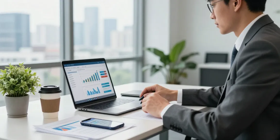 Consultor financiero analizando tendencias de pago etb en una oficina moderna.