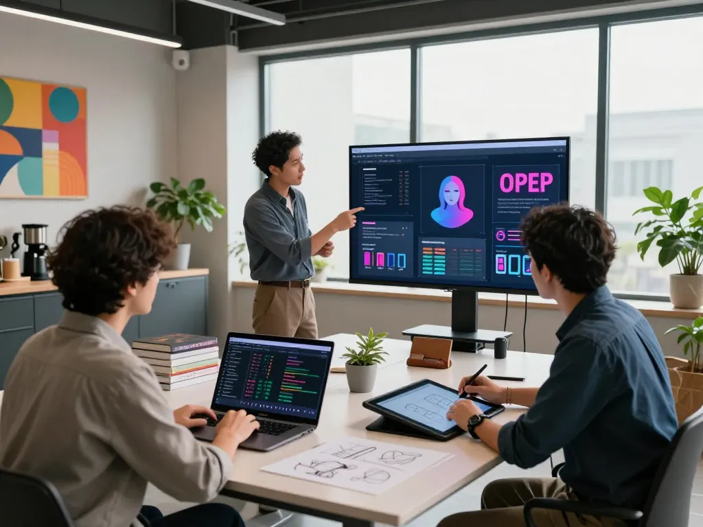 Collaborative workspace showcasing professionals discussing sex AI technology with laptops and screens in an innovative environment.