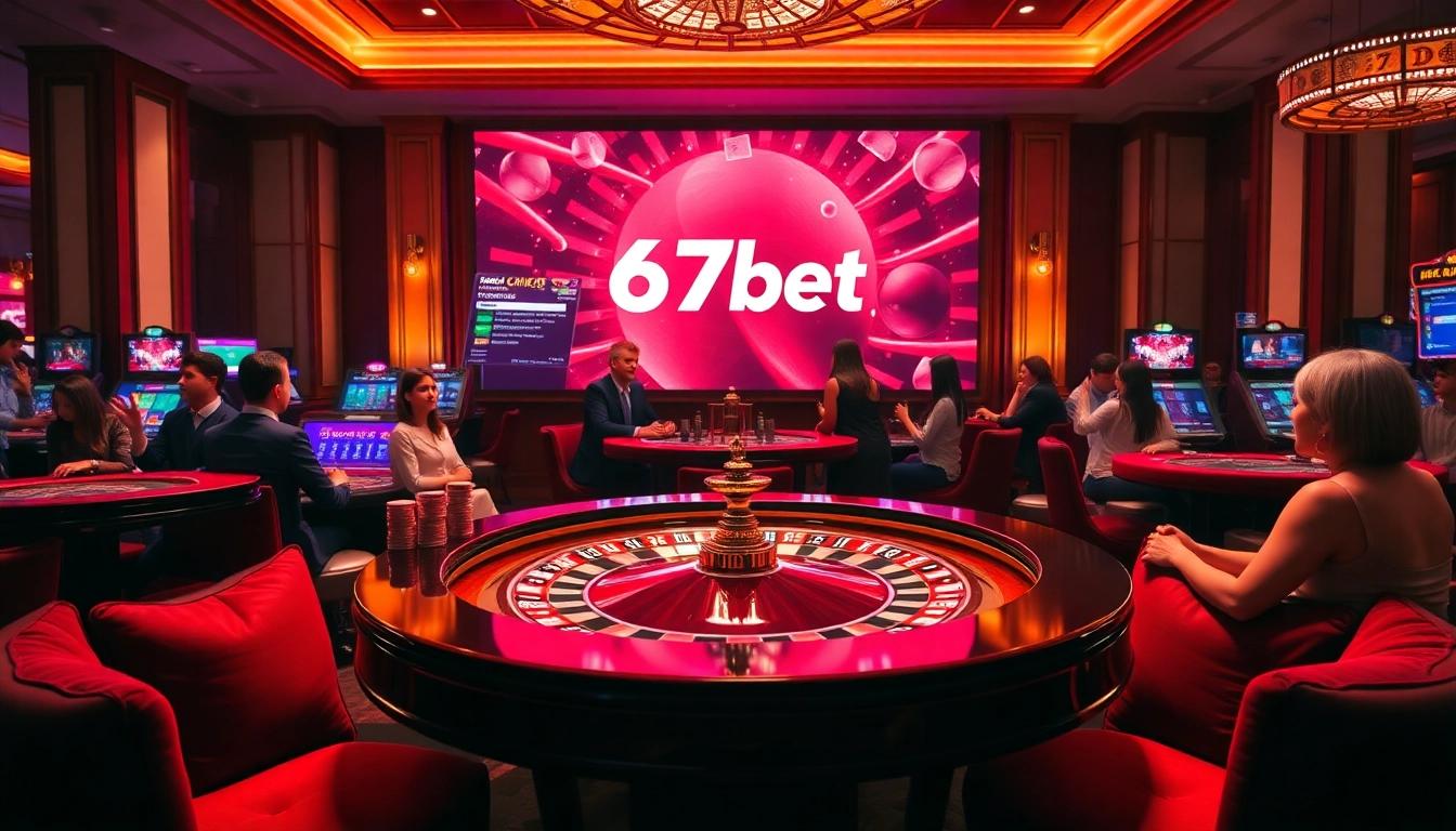 Experience the thrill of winning with 67bet at this luxurious casino scene filled with roulette tables and poker chips.