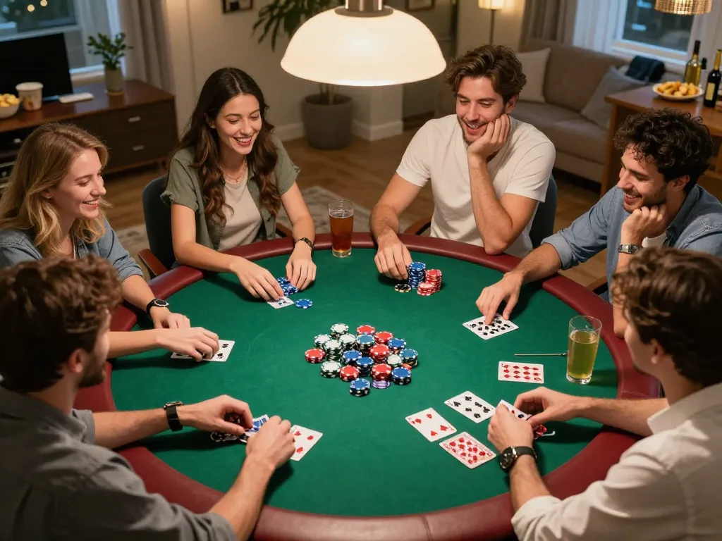 Enjoying kèo nhà cái with friends during a lively poker night at home.