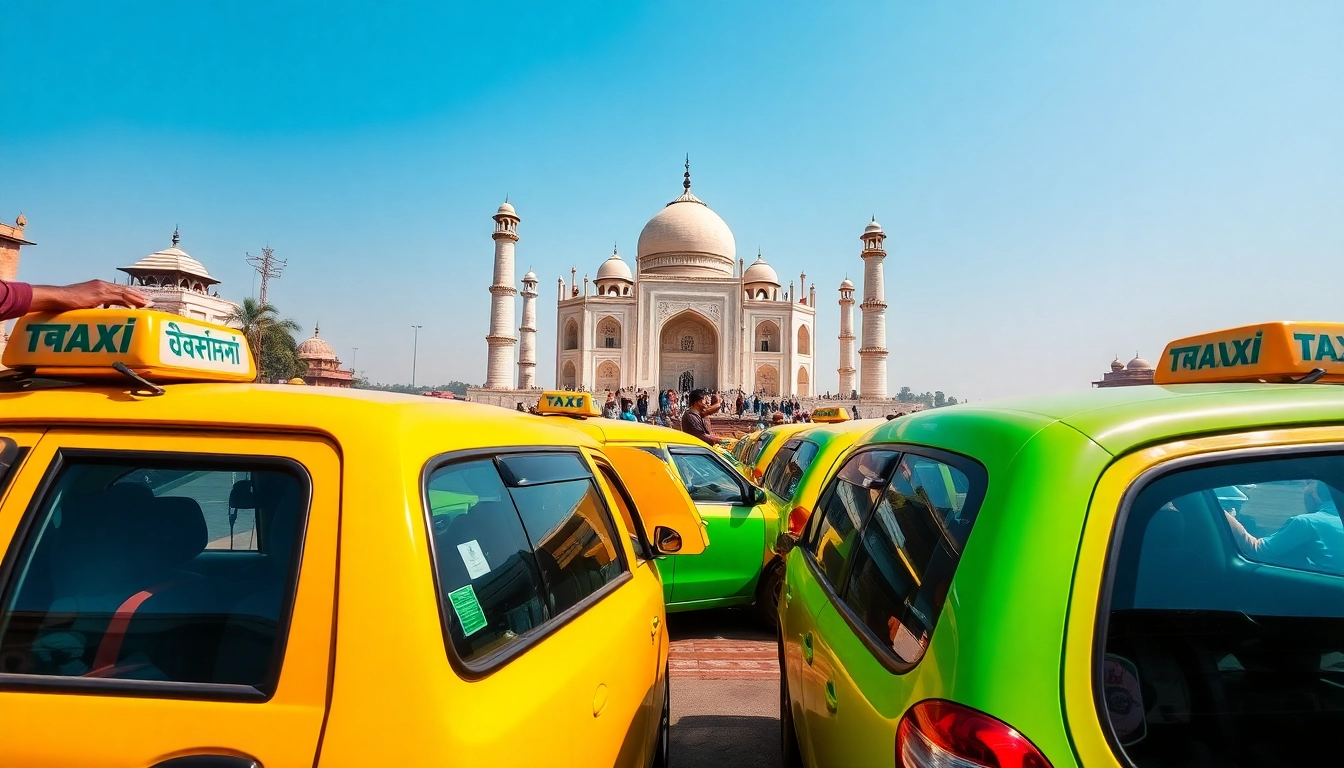 Agra Taxi service featuring bright taxis near the Taj Mahal, showcasing friendly drivers.