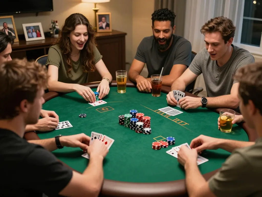 Players enjoy a lively poker game at home with xx88, showcasing excitement and strategy