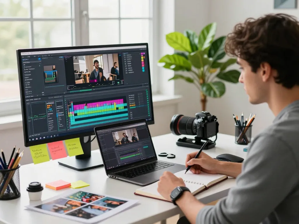Engaging workspace showcasing video to prompt analysis with a creator focused on video editing.