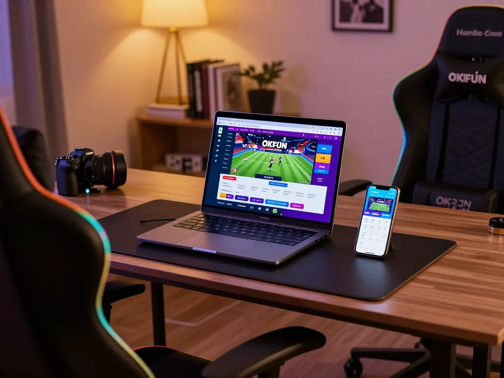 Engaging scene showing Nhà Cái OKFUN's interface on a laptop, emphasizing sports betting strategy and user comfort.