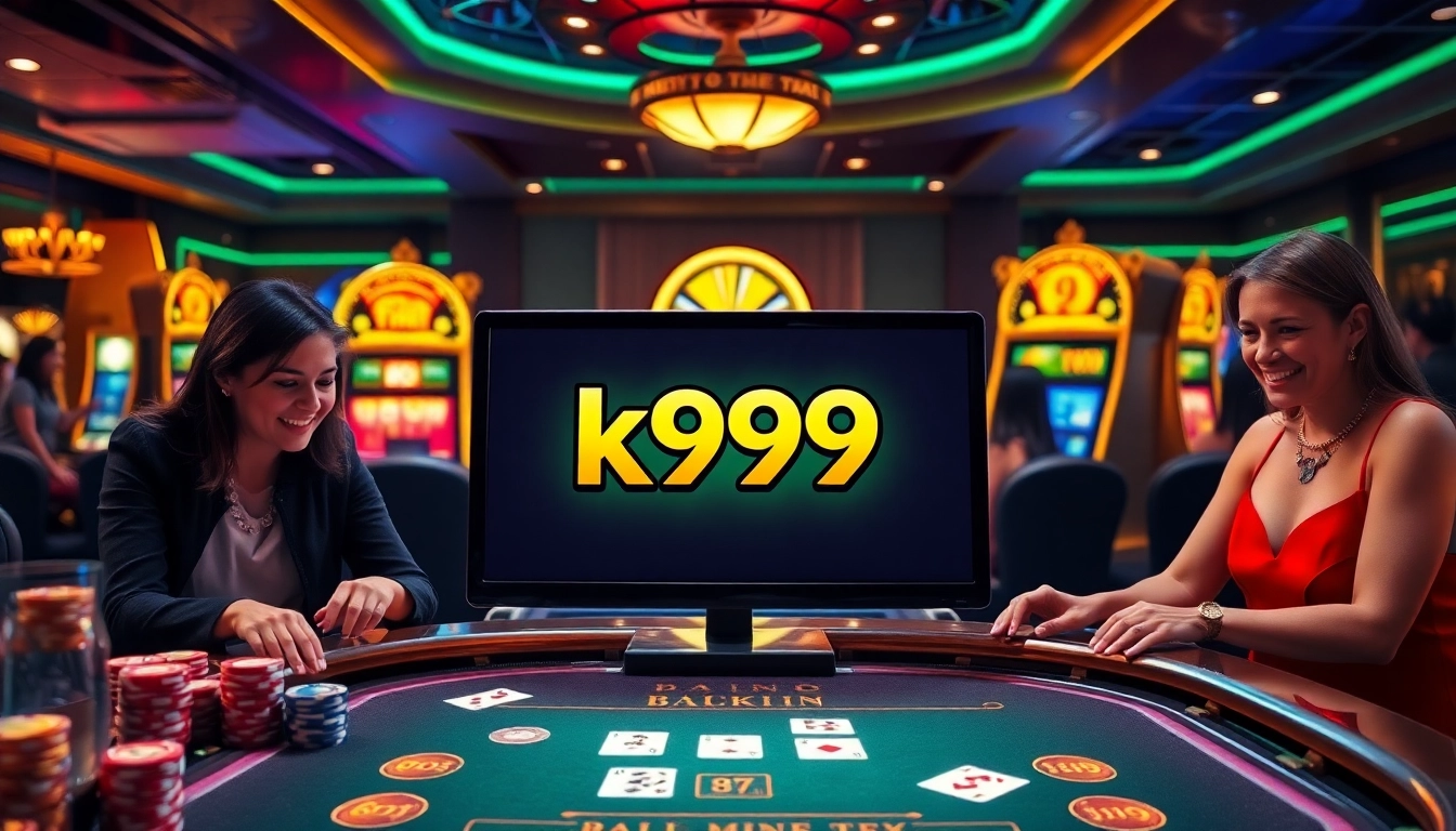 Players engaging in the k9k9 game inside a vibrant casino scene, with poker chips and illuminated slot machines.