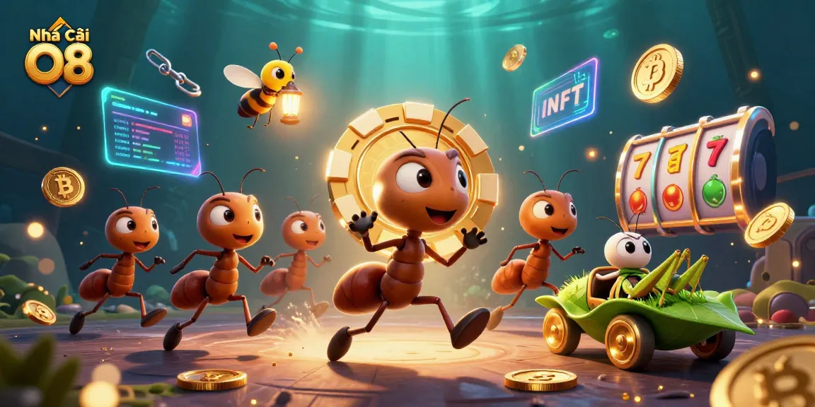 Join the exciting heist with Nhà cái O8 as ants carry a giant poker chip amidst a vibrant casino world!