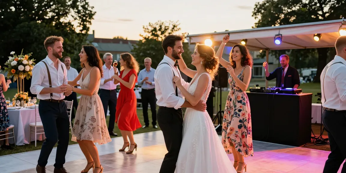 Glückliches Hochzeitspaar tanzt mit Gästen, DJ für Hochzeit Berlin sorgt für festliche Stimmung.