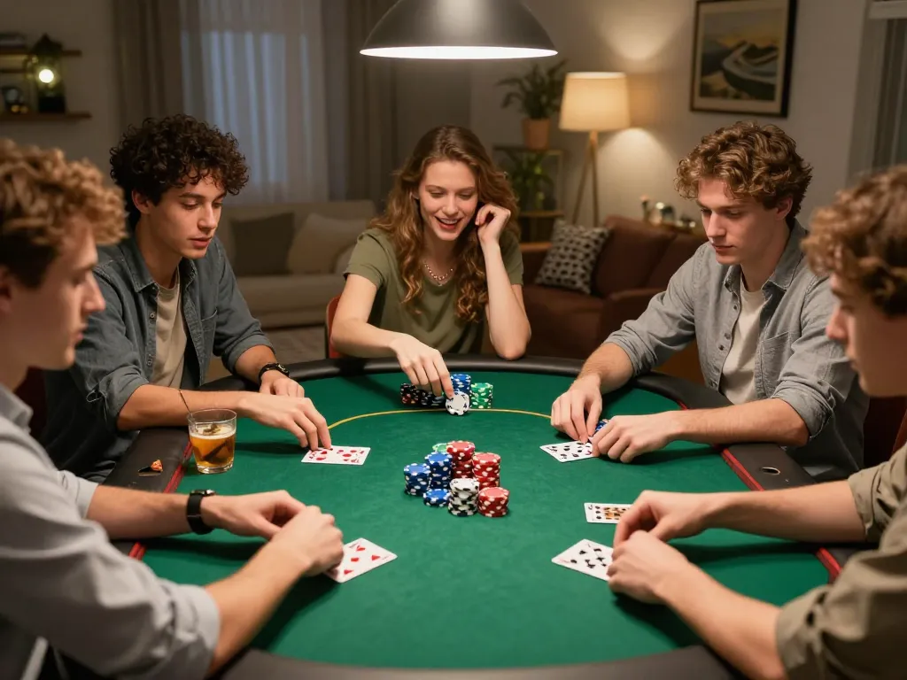 Engaged players strategizing at a home poker night, showcasing the thrills of slot gacor.