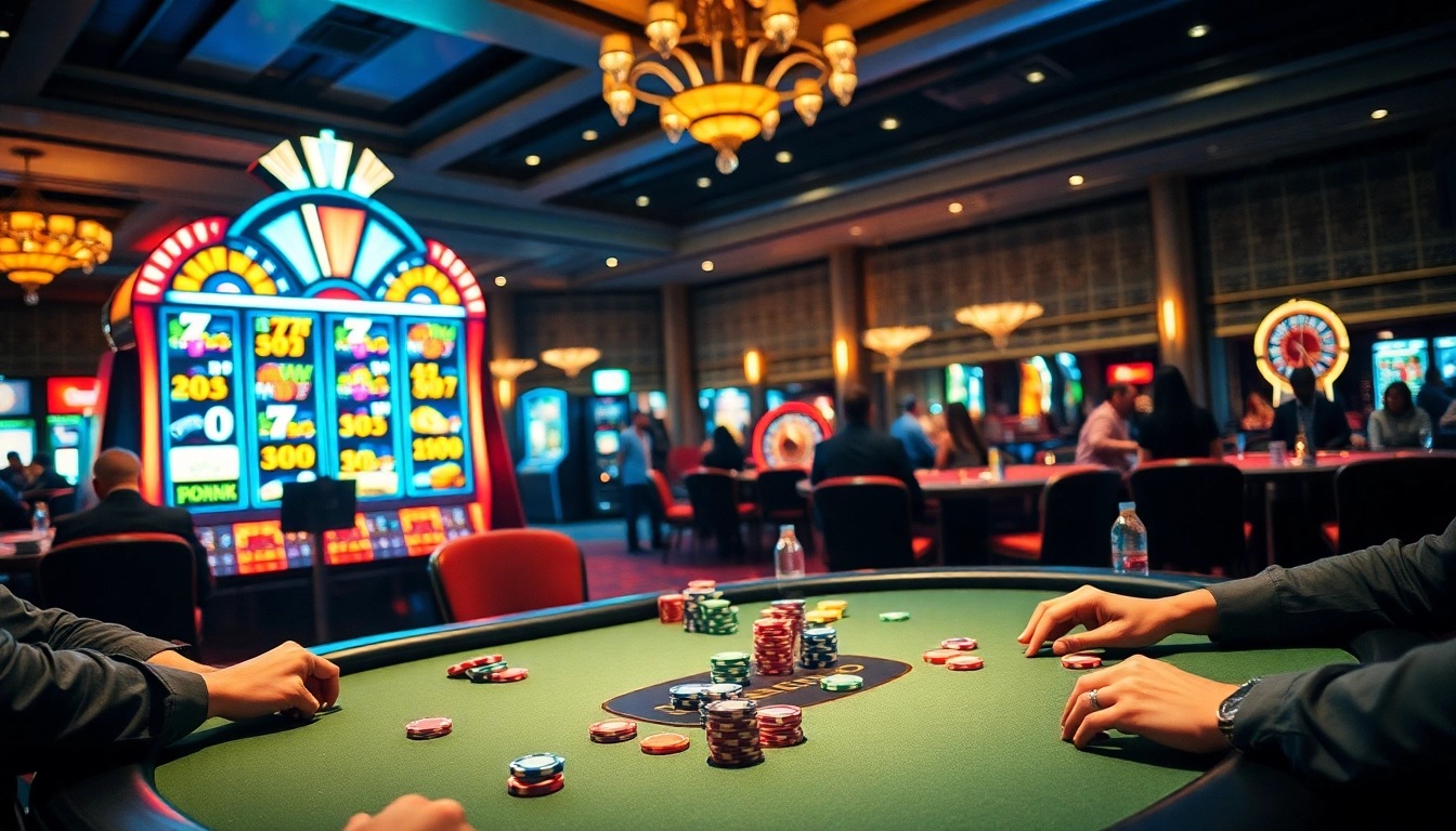 Experience the thrill of winning at the da88 poker table with vibrant chips and dazzling slot machines.