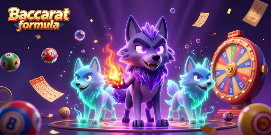 Baccarat formula showcases a dynamic scene with a shadow wolf leader and gaming elements in a lively casino atmosphere.