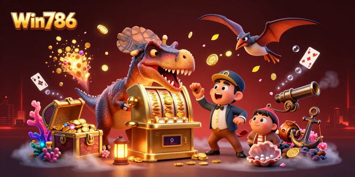 Win786 slots jackpot scene with a dinosaur and casino elements creating excitement.