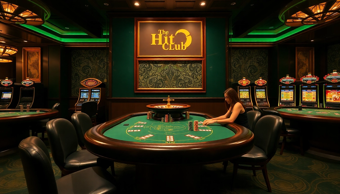 Experience the excitement at Hit Club with a luxurious gambling scene featuring poker tables and slot machines.