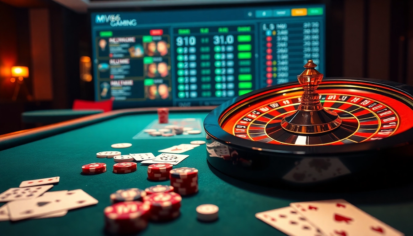 Experience the thrill of Nhà cái MV66 with dynamic casino gameplay featuring poker chips and roulette.