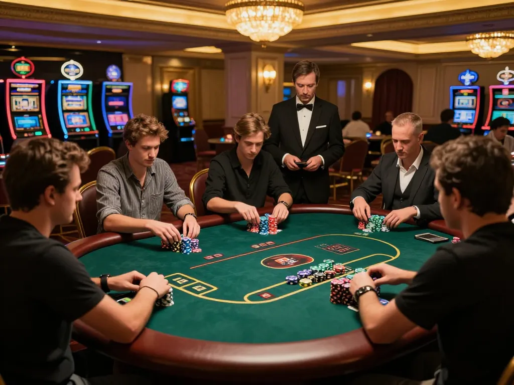 Players at okwin poker table strategizing their bets in an upscale casino.
