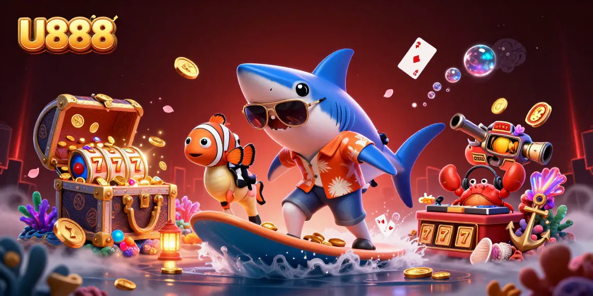 U888 offers a vibrant casino experience with a shark surfing on gold coins amidst slot reels and neon lights.