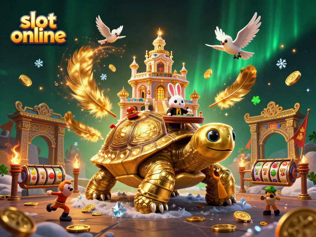Mainan slot online dengan simbol keberuntungan, dealer kelinci, dan kura-kura emas di kasino mini.