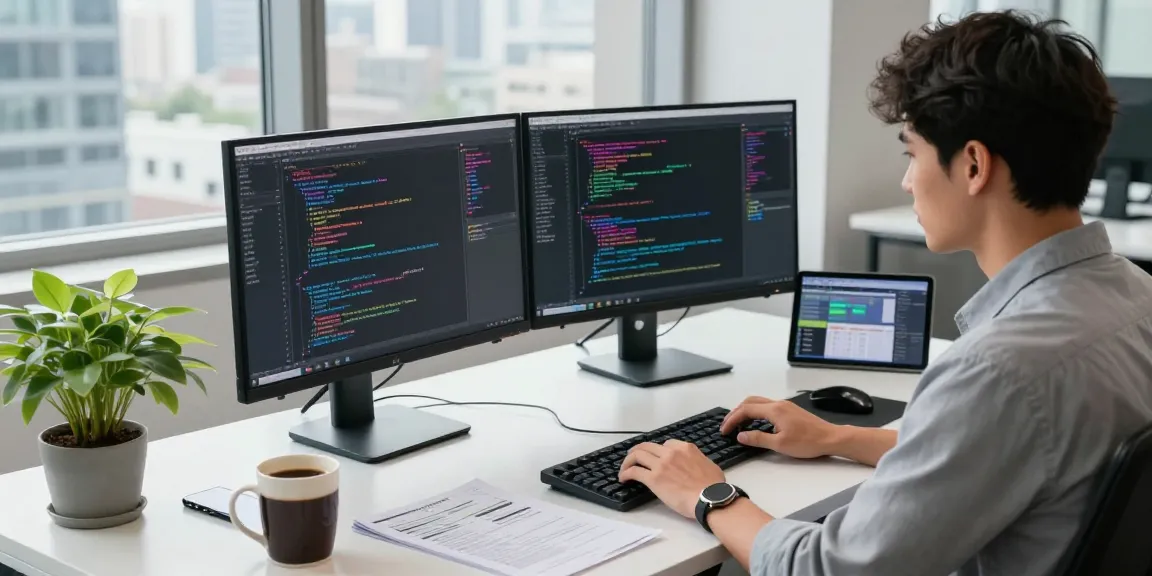 Young developer coding in modern office focused on 纸飞机下载 and software development.