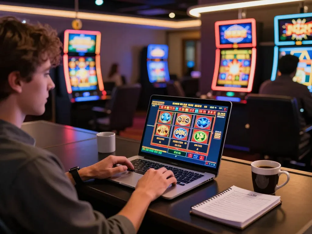 Playing slots on 92slot in a cozy setup with warm lighting and strategic notes