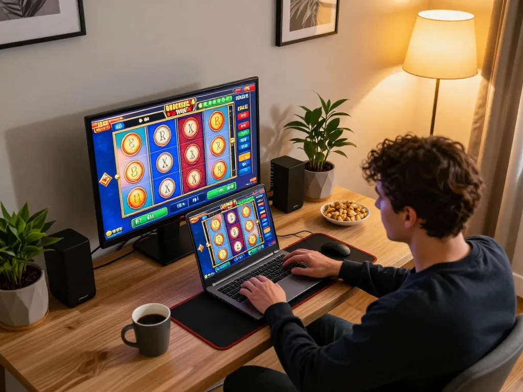 Player enjoying viral4d slots on a colorful online casino interface, showcasing exciting gameplay atmosphere