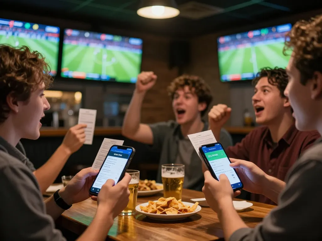 Fans engaging actively with bóng đá lu app for live betting during sports games, capturing excitement in a sports bar atmosphere.