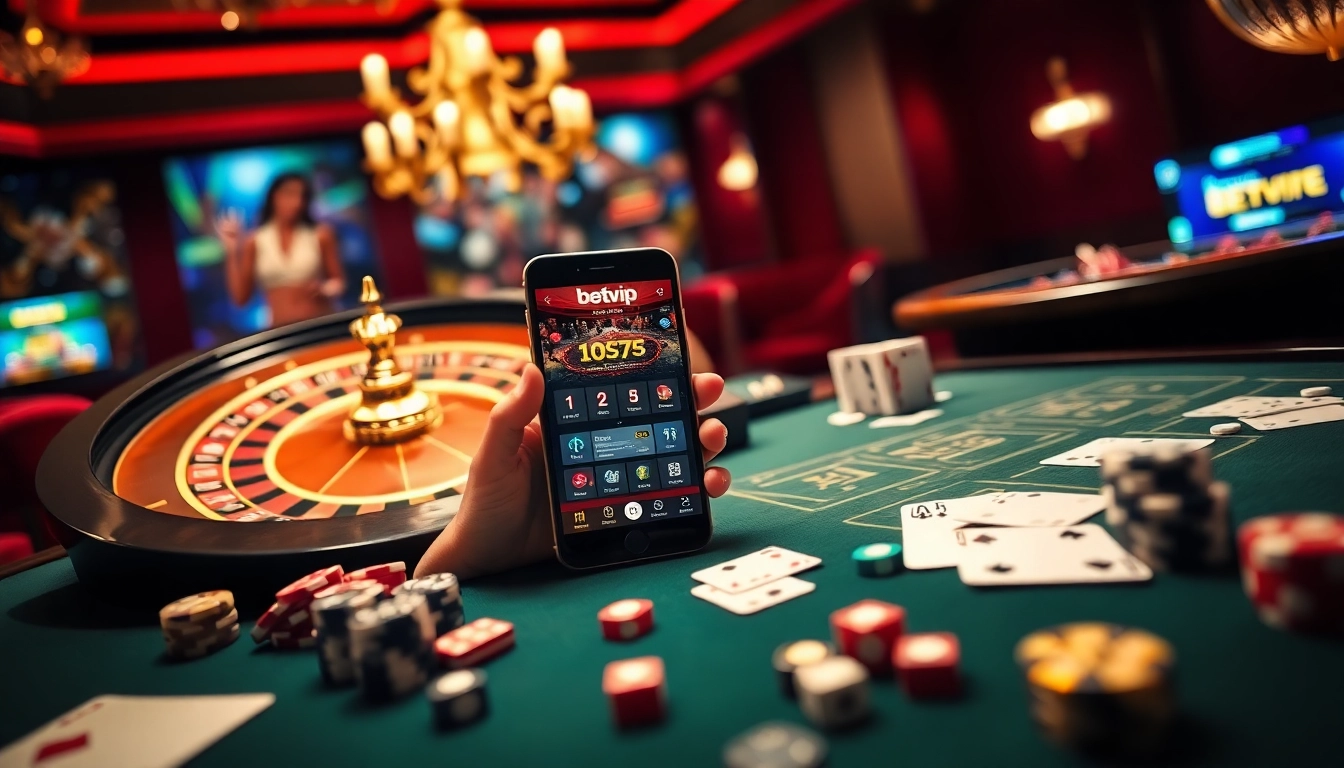 Trải nghiệm trò chơi kịch tính với ứng dụng BetVIP được giới thiệu trong bối cảnh casino sang trọng.