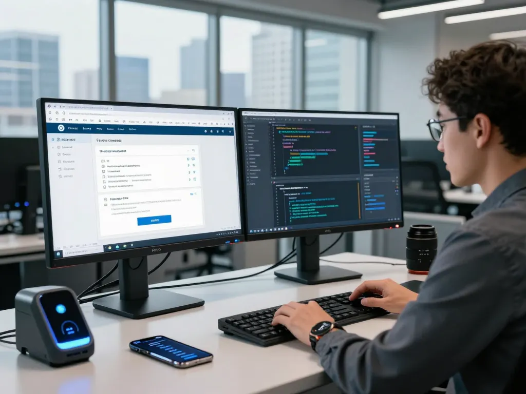 Technician performing security checks at https://shs-dome5.com/ with high-tech workspace tools.
