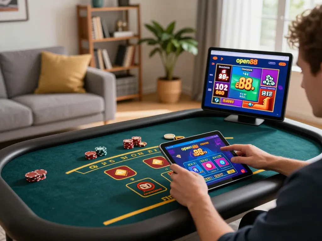 Engaging gameplay on open88's online casino app, with a player focused on placing bets in a cozy living room.