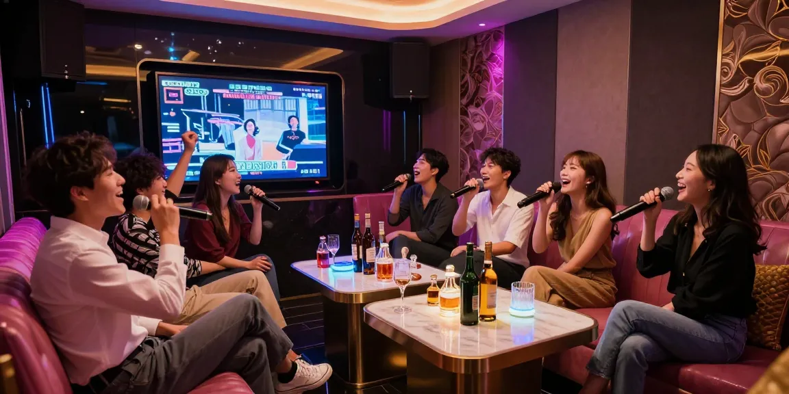 강남가라오케에서 친구들과 노래를 부르며 즐거운 시간을 보내는 모습