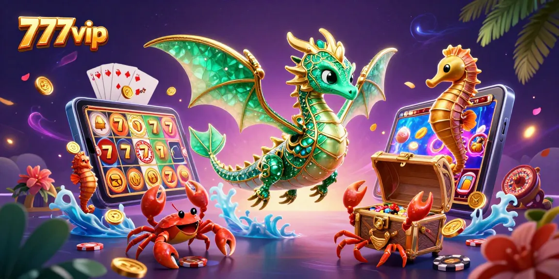 Experience the excitement of 777vip with this colorful 3D casino illustration featuring games and treasures.