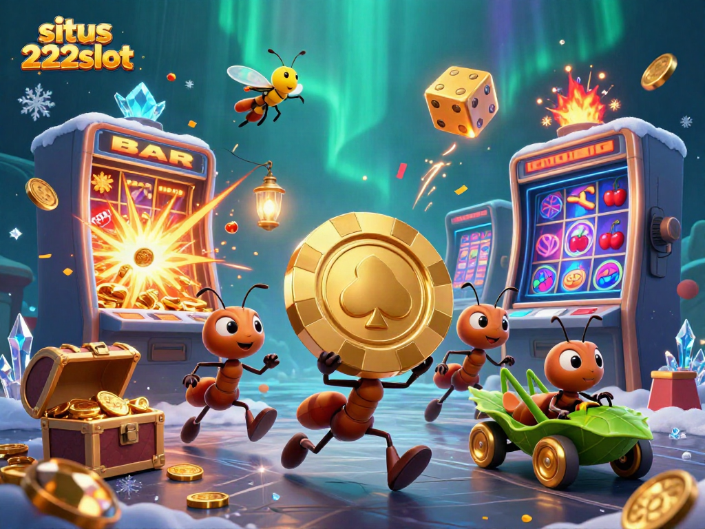 Menyaksikan aksi terkini situs 222slot di mana karakter lucu beraksi dengan chip poker raksasa dalam dunia game slot.