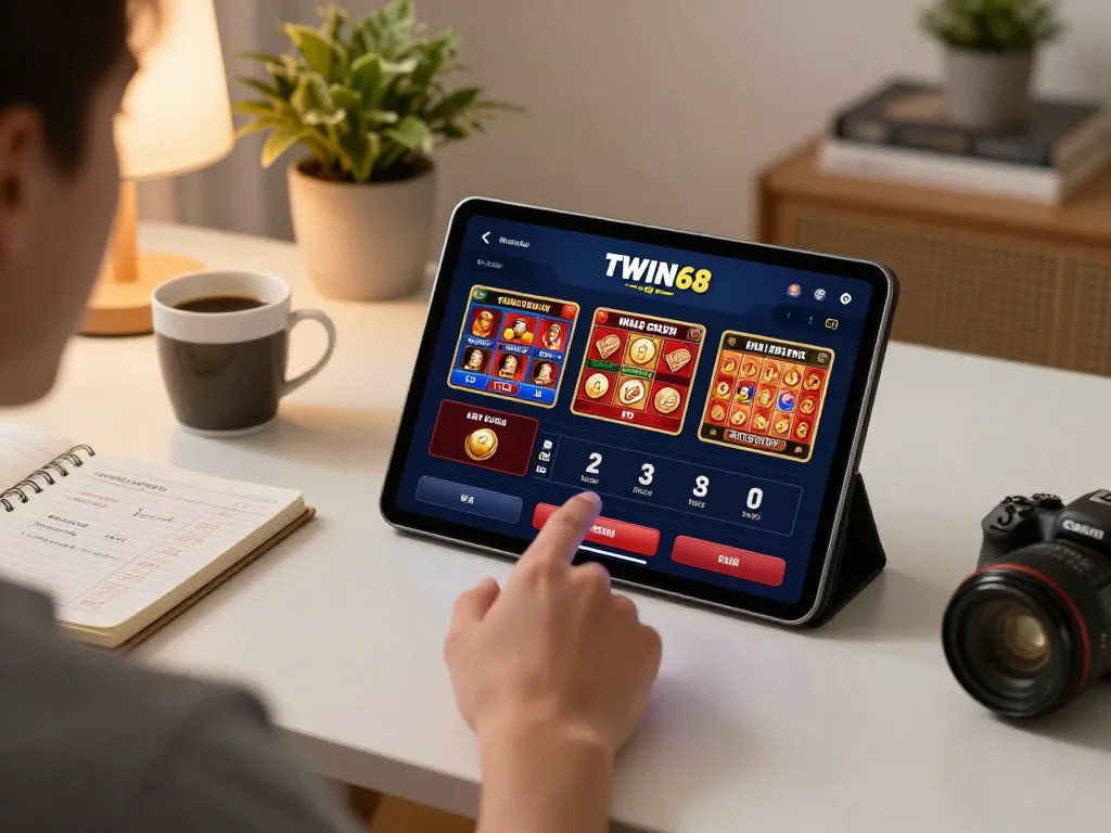 TWIN68 user strategizing winnings with online casino gaming on a tablet in a cozy home setting