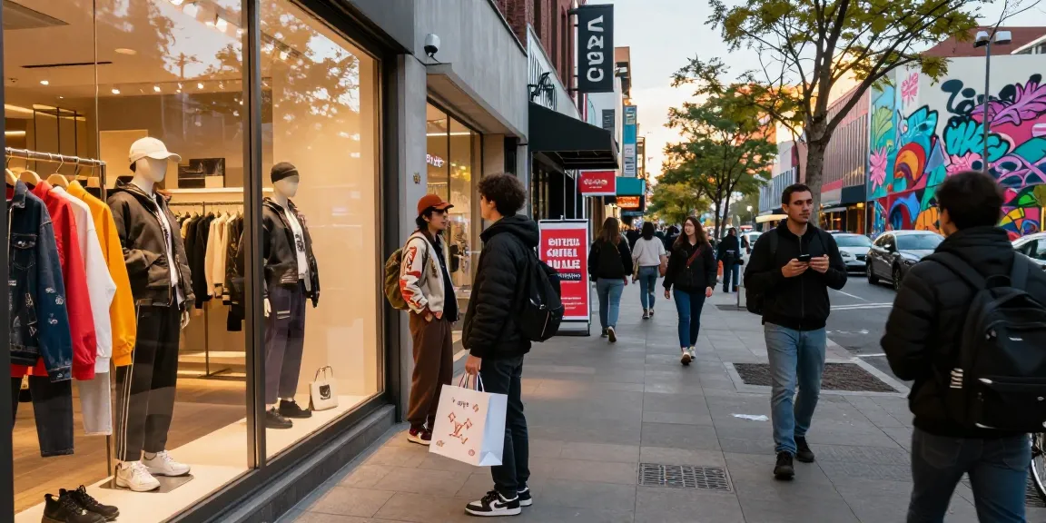 Fashionable person shopping for high-quality 레플리카 items in urban boutique, vibrant city scene.