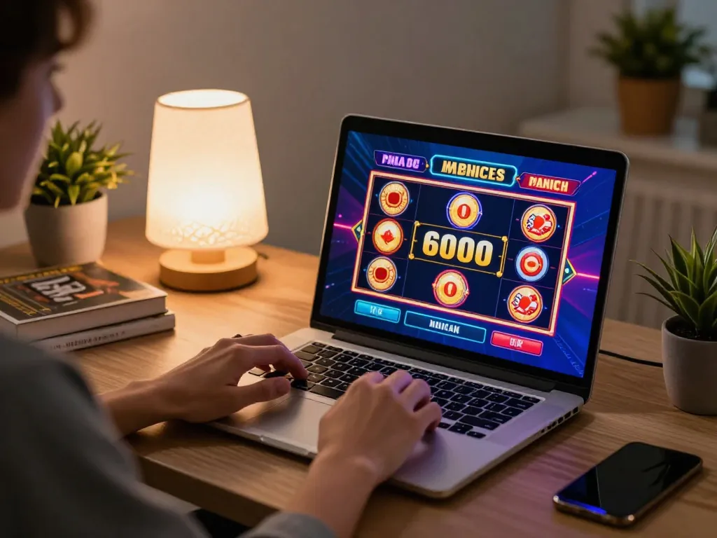 Engaging in strategic gameplay on slot6000 at home with a laptop, creating a comfortable gaming atmosphere.