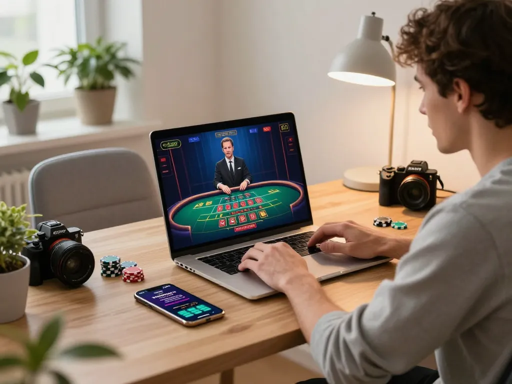 Exciting online baccarat gaming scene with a vibrant live table, chips, and engaging player experience.