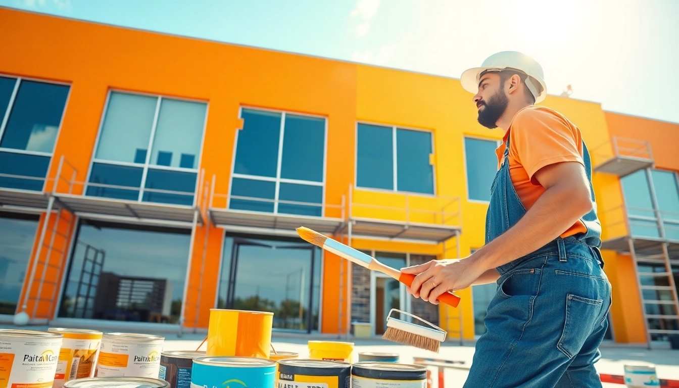Building Painters showcasing a professional painter applying quality paint to a commercial building.