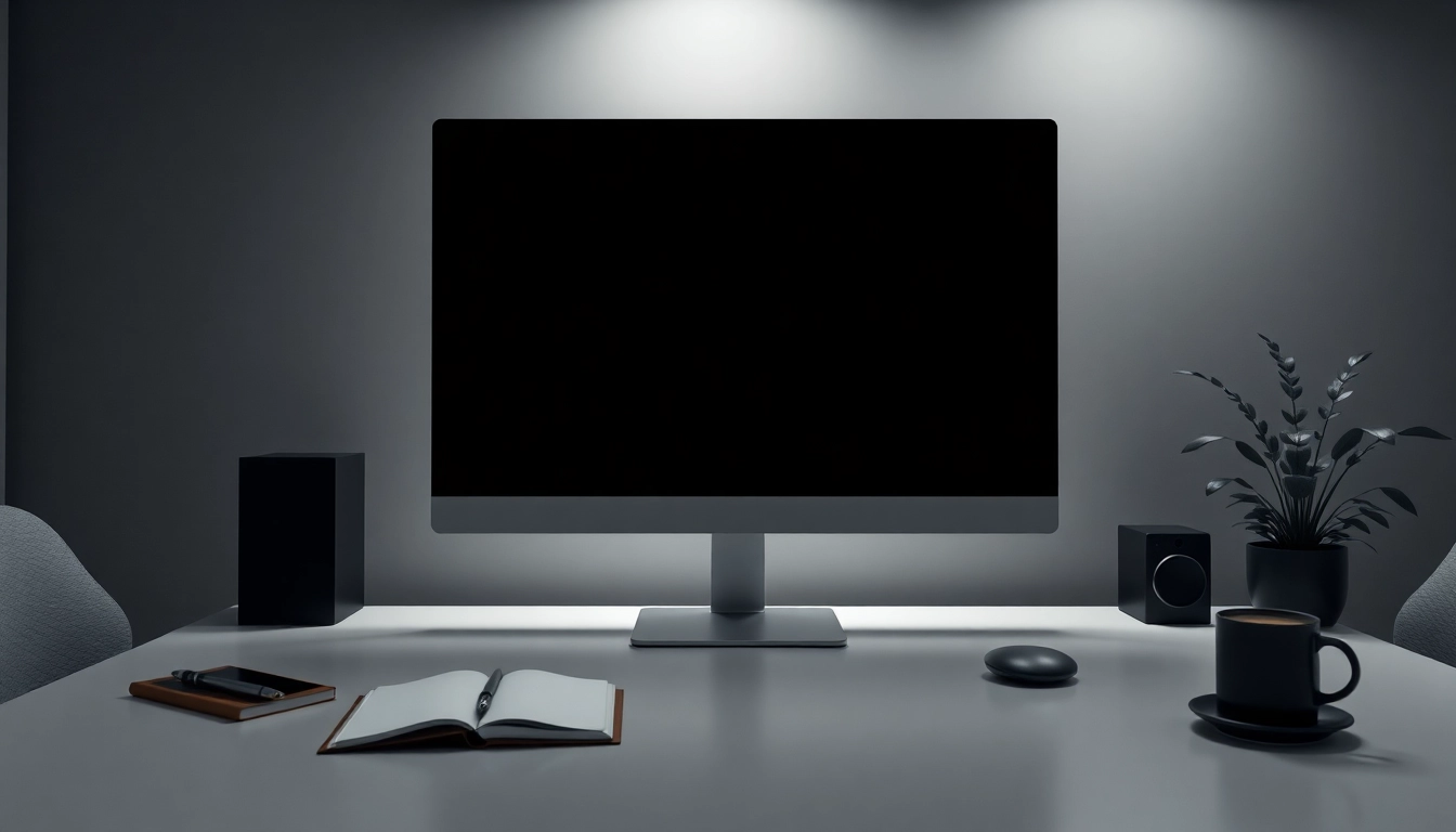 Full black screen displayed on a modern monitor in a minimalist workspace