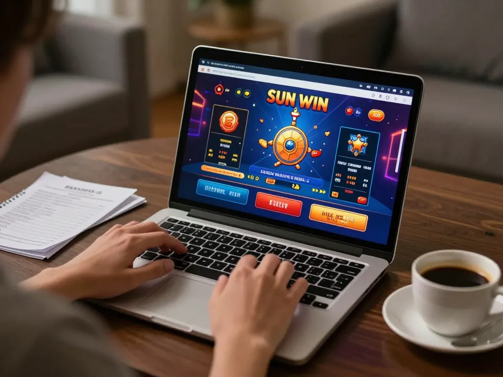 SUN WIN online casino gaming setup with a player focused on laptop screen and betting notes.