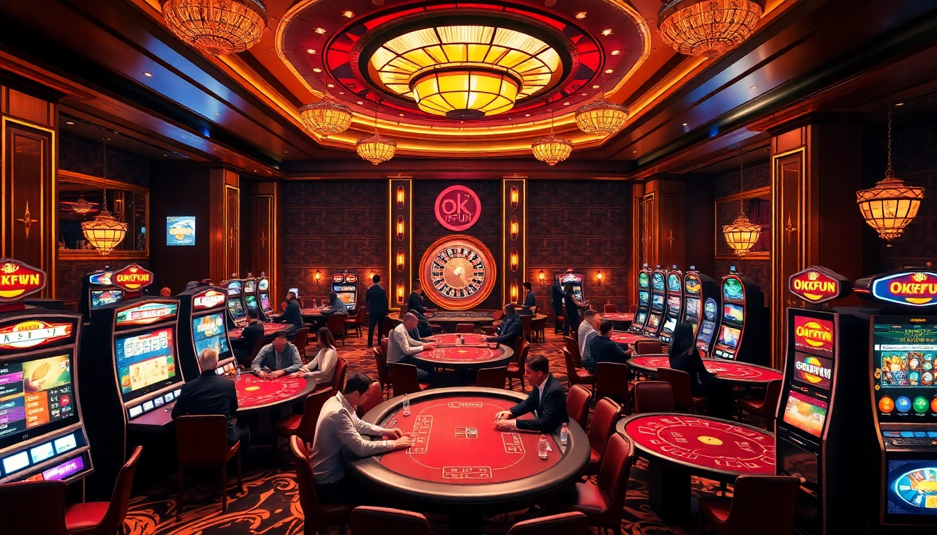 Experience thrilling moments at okfun casino with vibrant gaming tables and excited players.