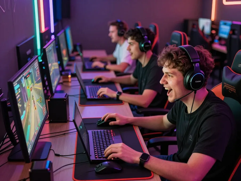 Engaged players enjoying the thrill of autowin88 in a modern gaming lounge with high-tech setups.