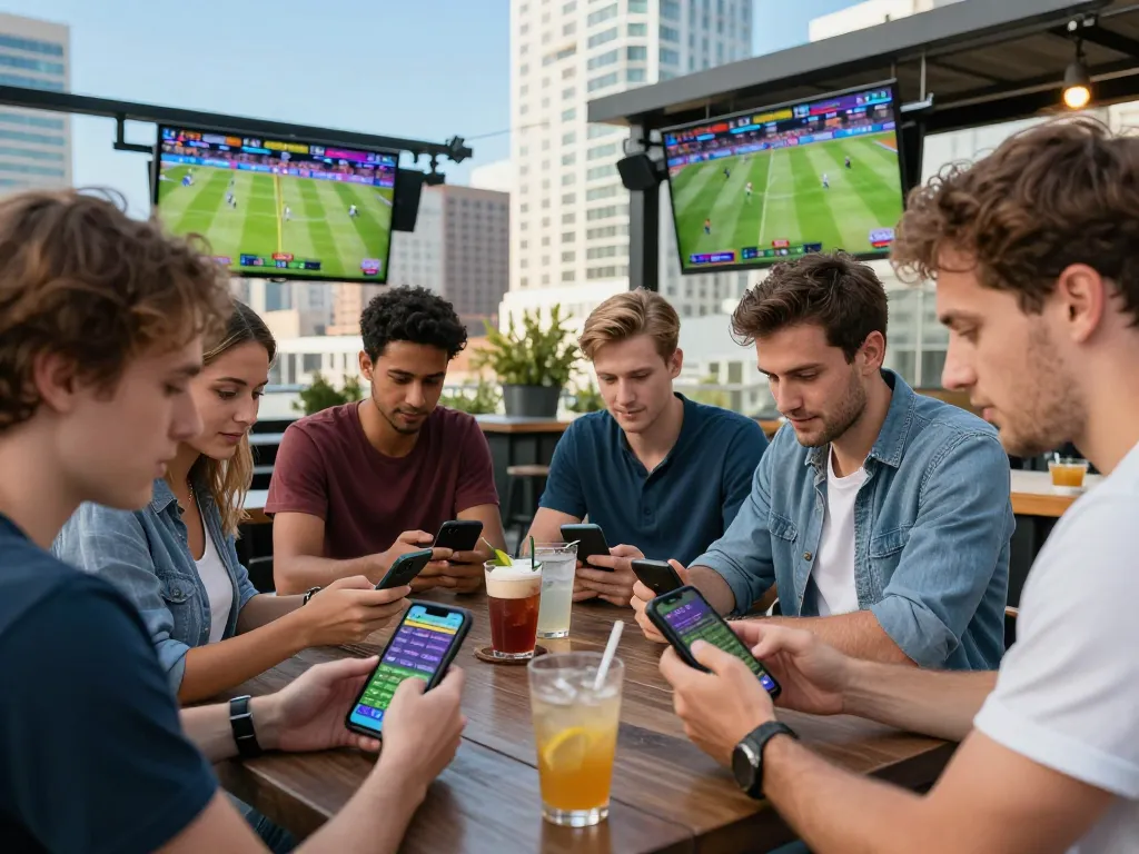 Friends enjoying sports betting at a rooftop bar, showcasing slot gacor excitement in a vibrant atmosphere