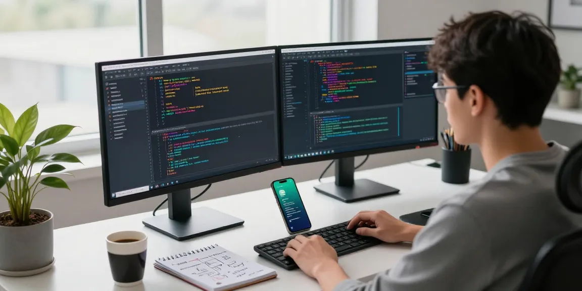 WhatsApp下載 is illustrated in a tech workspace featuring a developer coding.